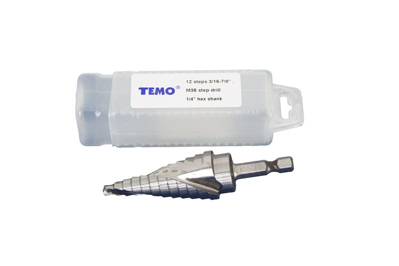 TEMO M35 Cobalt Spiral Flute Step Drill Unibit, 12 Size 3/16 Inch to 7/8 Inch, 1/4 Inch Hex Shank - Image 2